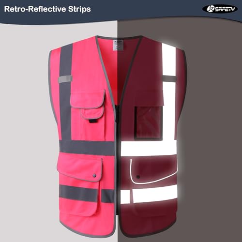 JKSafety 9 Pockets Class 2 High Visibility Zipper Front Safety Vest With Reflective Strips, Meets ANSI/ISEA Standards (Medium, 150-Pink) - color: Pink, size: Medium
