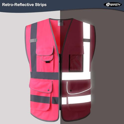 JKSafety 9 Pockets Class 2 High Visibility Zipper Front Safety Vest With Reflective Strips, Meets ANSI/ISEA Standards (Medium, 150-Pink) - color: Pink, size: Medium