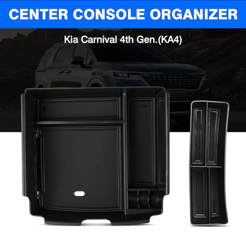 Autorder 2PCS Center Console Organizer for Kia Carnival 2022-2025 2026 Accessories Armrest Storage Box Secondary Insert Tray with Black Anti-Slip Mat（Front Tray + Armrest Organizer） - size: 2022-2026 Kia Carnival 2PCS
