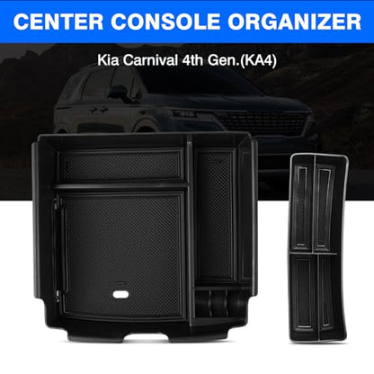 Autorder 2PCS Center Console Organizer for Kia Carnival 2022-2025 2026 Accessories Armrest Storage Box Secondary Insert Tray with Black Anti-Slip Mat（Front Tray + Armrest Organizer） - size: 2022-2026 Kia Carnival 2PCS