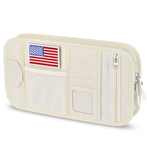 HUANLANG Car Sun Visor Organizer, Tactical Car Accessories with Zipper Storage Pouch, Glasses Clip Card Sleeve Pocket, Multi-Pocket Visor Organizer Fits Most Cars, SUVs, Trucks - color: Beige