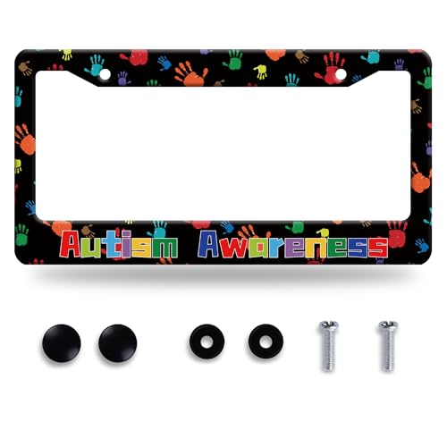 Autism Awareness License Plate Frame Colorful Handprint License Plate Frames Stainless Steel Accessories Cars Decor with 2 Holes and Screws Fits Standard US CA Vehicles Size 12.2 x 6 Inches - color: Autism awareness