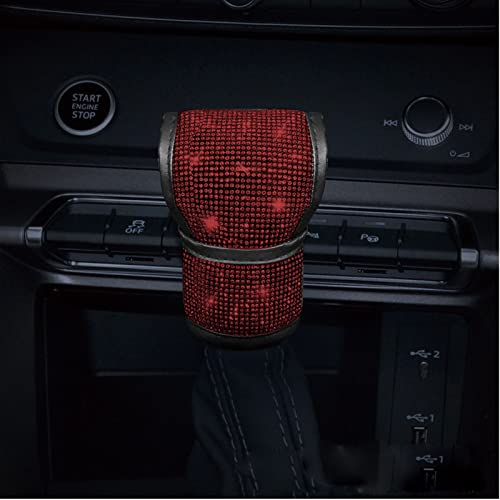 Leather Auto Gear Shift Knob Cover with Crystal Glitter Bling Rhinestones for Girls, Car Decor Accessories for Ladies (Red) - color: Red