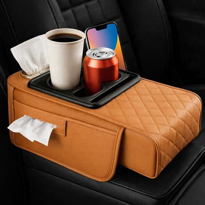 2026 Multifunctional PU Leather Car Armrest Box Mat,5-in-1 Center Console Cover with Cup Holder with 2 Storage Bags,Tissue Box Slot, Phone Slot,Universal Car Armrest Storage Bag (Yellow) - color: Yellow