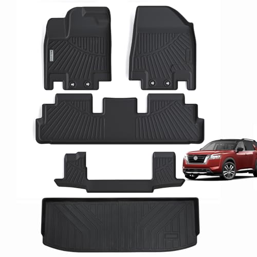Floor Mats & Trunk Mat for Nissan Pathfinder 2022 2023 2024 2025 (Only fit 7 Passenger Models), 3 Rows Full Set with Cargo Liner,TPE All Weather Protection Car Floor Liners Accessory-Black - size: 4.5-27ge