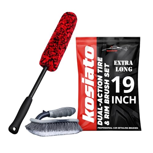 Car Wheel Brush & Wheel Barrel Brush Kit – 19" Soft Non-Scratch Microfiber Rim + Stiff-Bristle Scrubber for Tires, Rubber Mats & Motorcycles – Tire Brushes for Cleaning Tires