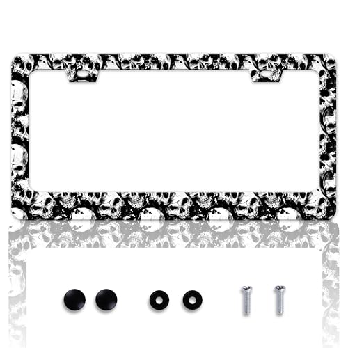 Skull License Plate Frame Skeleton License Plate Holder Personalise Stainless Steel Funny Design Compatible with Standard License Plate Frames for USA and Canada 6 X 12 Inch 2 Holes with Screws - color: Skull
