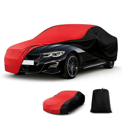 Indoor Car Cover, Stretch Satin Soft Dust Protection, Universal Fit for 181-197 Inch Sedans, Breathable Full Car Cover for Garage, Car Show, Windproof with Storage Bag, Red & Black - size: XL (FIT 190*70*47inches)