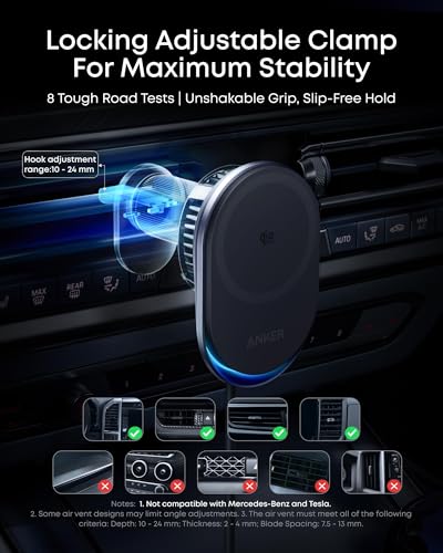 Anker Prime MagSafe Car Mount Charger, Qi2 25W Certified Wireless Car Charger with AirCool, Strong Magnets, Air Vent Mount for iPhone 17-12 Series (Check Vent Compatibility, 60W Adapter Included)
