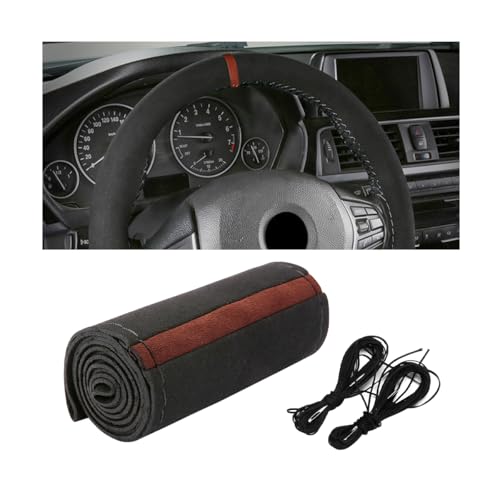 Car Steering Wheel Cover, Stitch On Full Surround Soft Suede Steering Wheel Wrap Guard with Needle & Thread, Comfortable Grip Auto Interior Accessories, Universal for Vehicle (Black/Coffee) - color: Black/Coffee