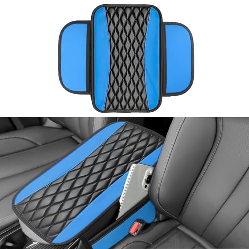 Leather Car Center Console Cover with Side Storage Pockets, Universal Leather Waterproof Armrest Pad Protector & Organizer for Cars, Vehicles, SUVs Interior Decor Stylish Car Decoration(Blue) - color: Blue