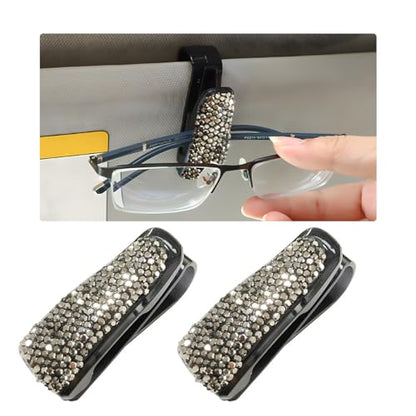 Wevdn 2 PCS Car Sun Visor Glasses Holder, Fashion Bling Car Eyeglasses Sunglasses Hanger for Women Girls, Glasses Holder Clip Hanger Mount with Ticket Card Clip, Car Accessories (Bright Black) - color: Bright Black
