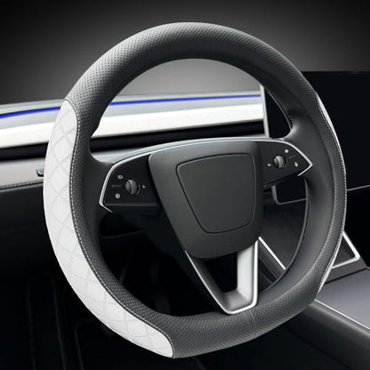 LKWLIKEI Leather Steering Wheel Cover. Elegant Diamond Checkered Design, Non-Slip and Breathable, for Tesla Model 3/Y Steering Wheel Protector,Black White - color: Black White