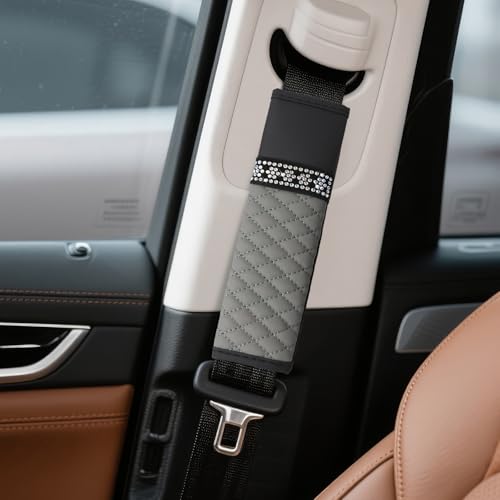 wuyaoyao 2PCS Bling Car Seat Belt Cover Pad, Breathable Leather Seatbelt Covers for Cars, Soft Comfortable Seatbelt Shoulder Strap Covers, Rhinestone Auto Seat Belt Protector Cushion (Gray) - color: Gray
