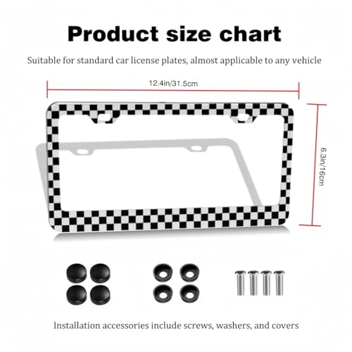 2pcs License Plate Frame Black White Check Pattern Aluminum Alloy License Plate Covers Comes with Screw caps Cover Set - color: Black white check