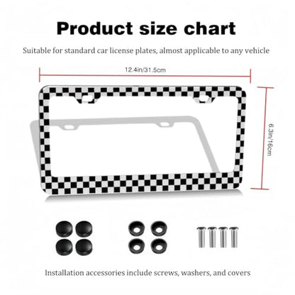 2pcs License Plate Frame Black White Check Pattern Aluminum Alloy License Plate Covers Comes with Screw caps Cover Set - color: Black white check