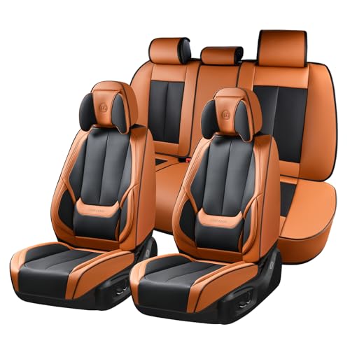 Coverado Universal Seat Covers Full Set, Universal Seat Covers for Cars, 5 Seats Waterproof Nappa Leather Car Seat Covers with Head Pillow, Auto Protectors Fit for Most SUV Pick-up Truck-Black&Brown - color: Black&Brown(Pillow), size: FullSet