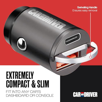 Car and Driver 30W USB-C Fast Car Charger, Dual Port Cigarette Lighter Adapter with USB-C & USB-A Fast Charging for iPhone 17/16/15/14/13, Samsung Galaxy S25/S24/S23, Android Phones, iPad