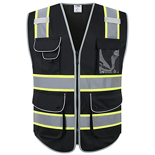 JKSafety 9 Pockets Hi-Vis Black Color Zipper Front Safety Vest Fluorescent Yellow Strips outlining the Reflective Tapes ANSI/ISEA Class 1 (901-Black, Medium) - color: Black Yellow Strips, size: Medium