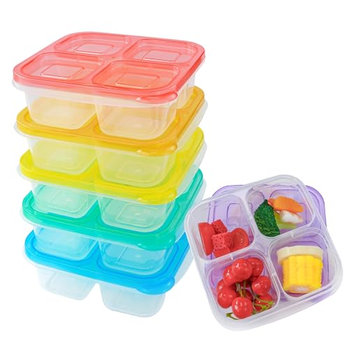 Finorder 6 Pack 4-Compartment Snack Containers, Reusable Food Containers for Kids School, Adults Office, Picnic Trip, Lunch Bento Box Meal Prep Containers (Bright Color Set) - color: Bright Color- 6pack
