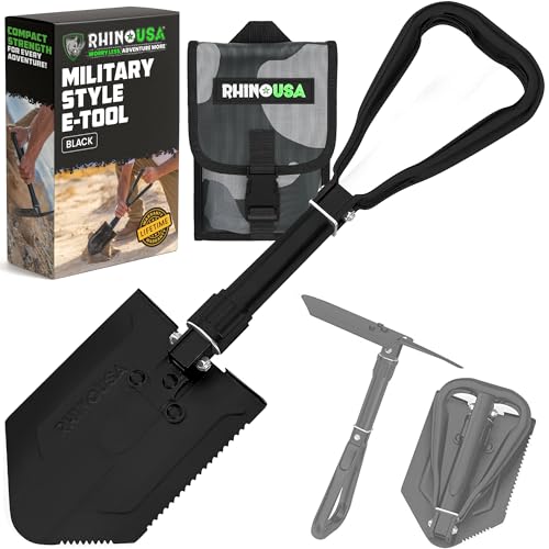 RHINO USA Folding Survival Shovel w/Pick - Heavy Duty Carbon Steel Military Style Entrenching Tool for Off Road, Camping, Gardening, Beach, Digging Dirt, Sand, Mud & Snow. - size: Military 22" E-tool