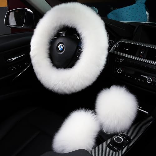 3Pcs Set Fashion Fluffy Fuzzy Wool Fur Soft Car Steering Wheel Cover with Handbrake Cover & Gear Shift Cover for Women/Girls/Ladies Auto Long Wool Accessories, White - color: White, size: Long Wool