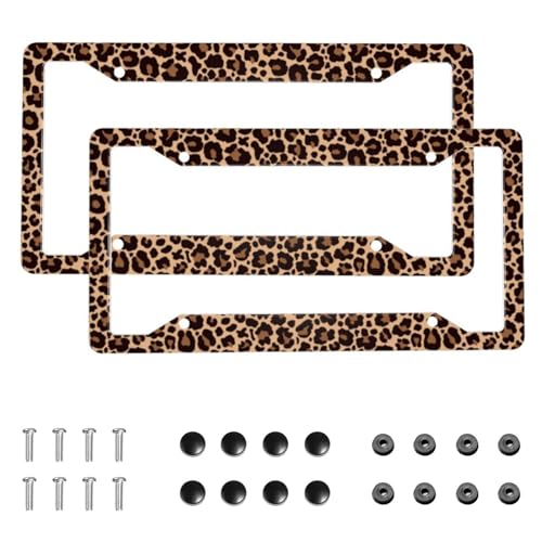 Leopard Aluminum Car License Plate Frame, 2 PC Cheetah Print License Plate Covers, Standard Durable License Plate Holders for Women & Men, Car Accessories 4 Holes with Screws 12.3 X 6.3 in - color: Leopard