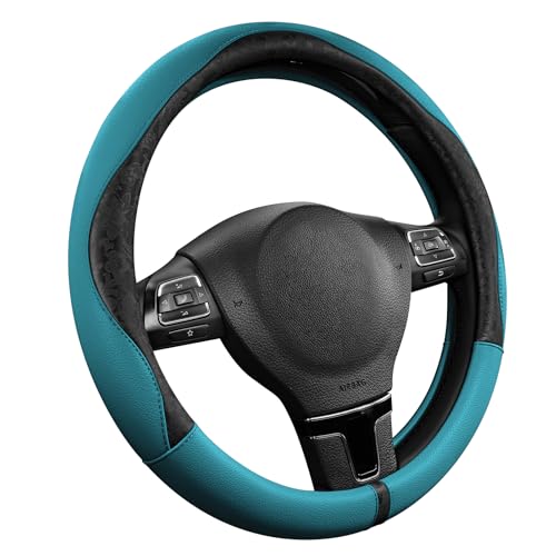 PIC AUTO Steering Wheel Cover, Black Patterned & Blue Leather Patchwork Design, Universal Fit 14.5"–15.5", Anti-Slip, Odor-Free, Soft PU Grain Leather, Durable Grip Car Accessory for Girls & Women - color: Black & Blue