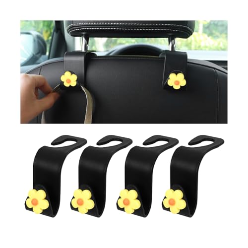 4 PCS Car Headrest Hook, Multifunctional Flower Vehicle Seat Back Storage Hook, Cute Automotive Seatback Organizer Hanger for Purse Grocery Bag Handbag, Universal Fit (Black/Yellow) - color: Black/Yellow