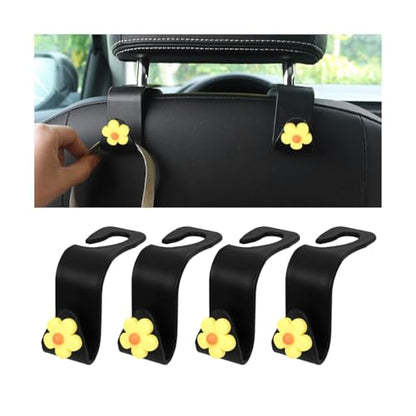 4 PCS Car Headrest Hook, Multifunctional Flower Vehicle Seat Back Storage Hook, Cute Automotive Seatback Organizer Hanger for Purse Grocery Bag Handbag, Universal Fit (Black/Yellow) - color: Black/Yellow