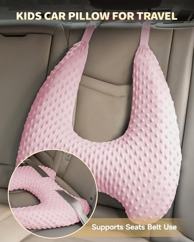 Memory Foam Kids Travel Pillow, Car Pillow for Kids, H-Shape Car Pillows for Sleeping, Removable Pillowcase, Adjustable, Velvet Dots, Pink - color: Velvet Dots Pink