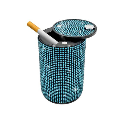 Bling Car Ashtray with Lid, Rhinestones Fireproof Auto Cup Holder Cigarette Ash Tray, Smokeless Crystal Diamond Ashtray Mini Trash Can for Women Girls, Car Accessories (Blue) - color: Blue
