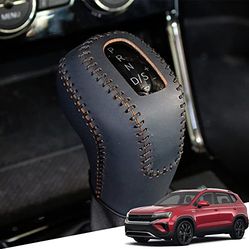 Great-luck Genuine Leather Automatic at Gear Shift Knob Cover Protector Trim,The car Interior Accessories(Black Stitches) for Taos 2022 2023 2024 2025 - color: Black Stitches, size: Taos(2022-2025)