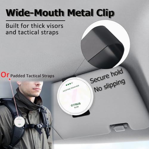Universal Magnetic EDC Mounting System for Nicotine Pouches-10 Pack Ultra-Thin Soft Neodymium Adhesive Pads & Heavy-Duty Metal Visor Clip for Zyn, Snus, Dip Cans, Garage Remotes, Gym & Car Organizers