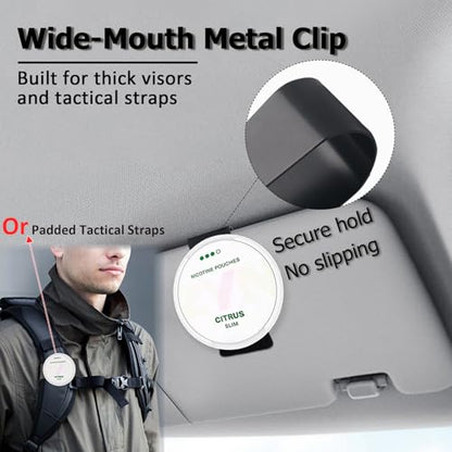 Universal Magnetic EDC Mounting System for Nicotine Pouches-10 Pack Ultra-Thin Soft Neodymium Adhesive Pads & Heavy-Duty Metal Visor Clip for Zyn, Snus, Dip Cans, Garage Remotes, Gym & Car Organizers
