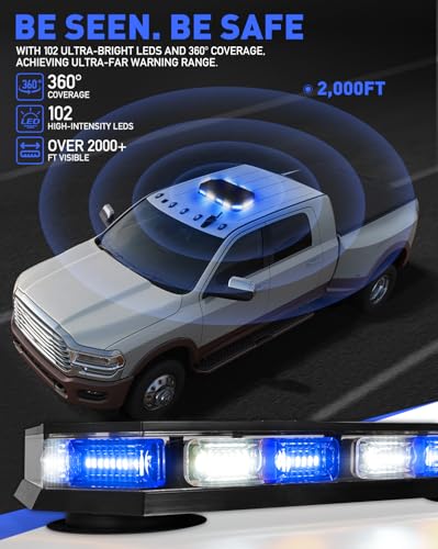 HLauto 406D Rooftop Emergency Strobe Lights Bar, 102 LED Blue White Mini Beacon Safety Flashing Warning Traffic Lights Bar w/Magnetic Base for 12-24V Trucks, Construction Vehicles, Snowplow, Cars - color: Blue/White