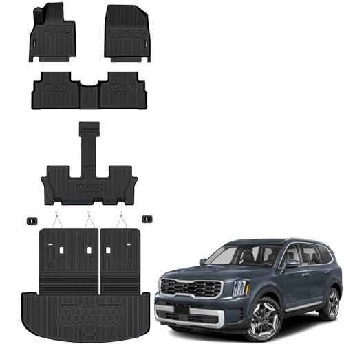 Auxko All Weather Floor Mats Cargo Mat with Backrest Mat for Kia Telluride 7&8 Seats 2020-2025 TPE Liners Accessories Guard Odorless Anti-Slip Floor Liners & Trunk Liner with Back Seat Protectors - size: telluride|2020-2025|floor+cargo+backrest mats