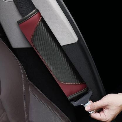 2PCS Car Seat Belt Cover, Carbon Fiber Safety Seatbelt Shoulder Strap Covers, Breathable Leather Soft Harness Pad for Car Interior Accessories (Black/Wine Red) - color: Black/Wine Red