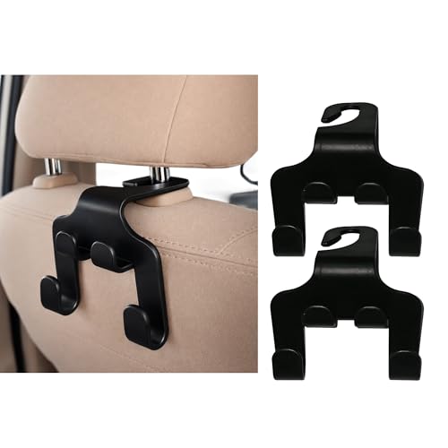 2-in-1 Universal Car Headrest Hook with Integrated Phone Holder | 360° Rotation Seat Back Hanger for Bags, Purses & Groceries | Durable ABS Plastic Car Organizer & Tablet Mount (Pack of 2 - Black)