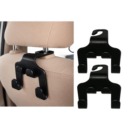 2-in-1 Universal Car Headrest Hook with Integrated Phone Holder | 360° Rotation Seat Back Hanger for Bags, Purses & Groceries | Durable ABS Plastic Car Organizer & Tablet Mount (Pack of 2 - Black)