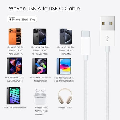 6ft USB A to USB C CarPlay Cable for iPhone 15/16/17, 15 16 17 Pro Max, 15/16 Plus,iPhone 17E/16E,Air,AirPods 4/AirPods Pro (2nd/3rd Gen),iPad 10th Gen, iPad Pro 12.9/11,Air 5th/4th Car Charging Cable - size: 6FT, style: USB A to USB C