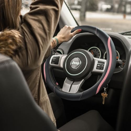 Car Steering Wheel Cover, Leather Steering Wheel Cover Pink Universal 14.5-15 Inch Microfiber Leather Anti-Slip Breathable Auto Steering Wheel Covers for Men Women (Black&Pink) - color: Pink