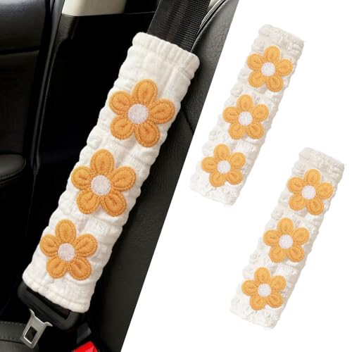 JDDRY 2PC Car Seat Belt Covers Pads,Seat Strap Pads,Auto Seat Belt Pad,Fit for Most Vehicles,Car Interior Accessories(Three Flower,Yellow) - color: Three Flower-Yellow