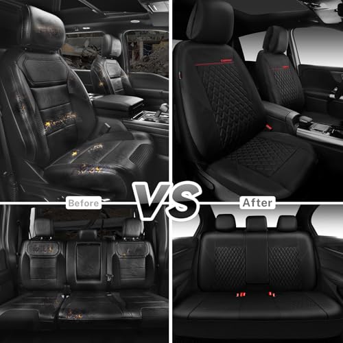CAR PASS Quilting Faux Leather Seat Covers Full Set, Waterproof Deluxe Premium Seat Cover with 5mm Composite Sponge Inside, Airbag Compatible Auto Seat Cover Universal Fit for 95% Sedan SUV Van, Black - color: Black and Black, size: Full Set (Front and Re