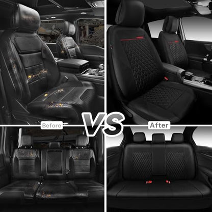 CAR PASS Quilting Faux Leather Seat Covers Full Set, Waterproof Deluxe Premium Seat Cover with 5mm Composite Sponge Inside, Airbag Compatible Auto Seat Cover Universal Fit for 95% Sedan SUV Van, Black - color: Black and Black, size: Full Set (Front and Re