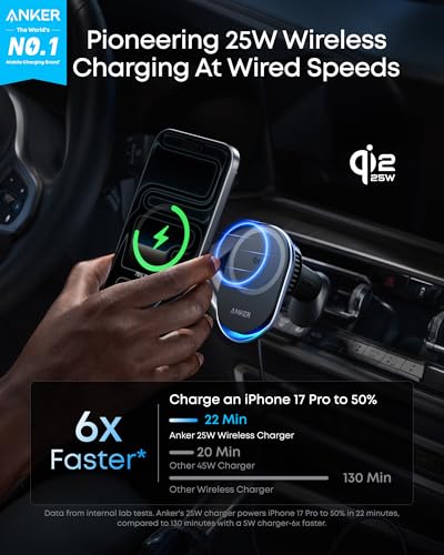 Anker Prime MagSafe Car Mount Charger, Qi2 25W Certified Wireless Car Charger with AirCool, Strong Magnets, Air Vent Mount for iPhone 17-12 Series (Check Vent Compatibility, 60W Adapter Included)
