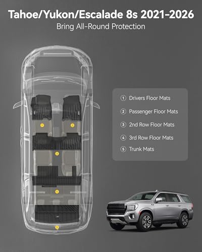 3W Floor Mats & Cargo Liner for 2021-2025 2026 Chevrolet Tahoe/GMC Yukon (Only for 8 Seats, Not for XL), All Weather Protection Anti-Slip & Durable TPE Full Set Liners Automotive Accessories - size: Chevy Tahoe 2021-2025 Full Set