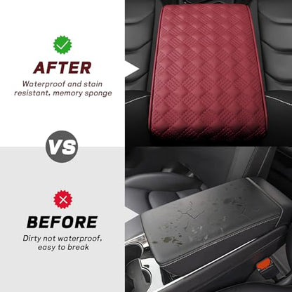 Car Armrest Cushion, 12.2"×8.3" Leather Auto Memory Foam Center Console Pad with Storage Pocket, Waterproof & Anti-Scratch Elbow Pillow Armrest Seat Box Protector, Universal Fit (Red) - color: Red