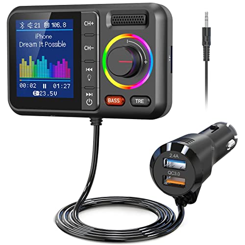 Nulaxy Bluetooth FM Transmitter for Car, Wireless Car Bluetooth V5.0 Adapter with Big Color Screen, Support QC3.0 Fast Charging, Hands-Free Call, MP3 Music Player BASS&TRE Booster, TF Card AUX-KM28 - color: Black