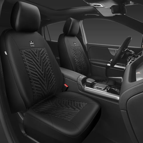 CAR PASS Deluxe Faux Leather Car Seat Covers 2 Front Seats Only, 3D Tyre Embossed Waterproof Front seat Covers, Airbag Compatible, Durable Universal Fit Seat Covers for SUV Truck Automotive (Black) - color: Black